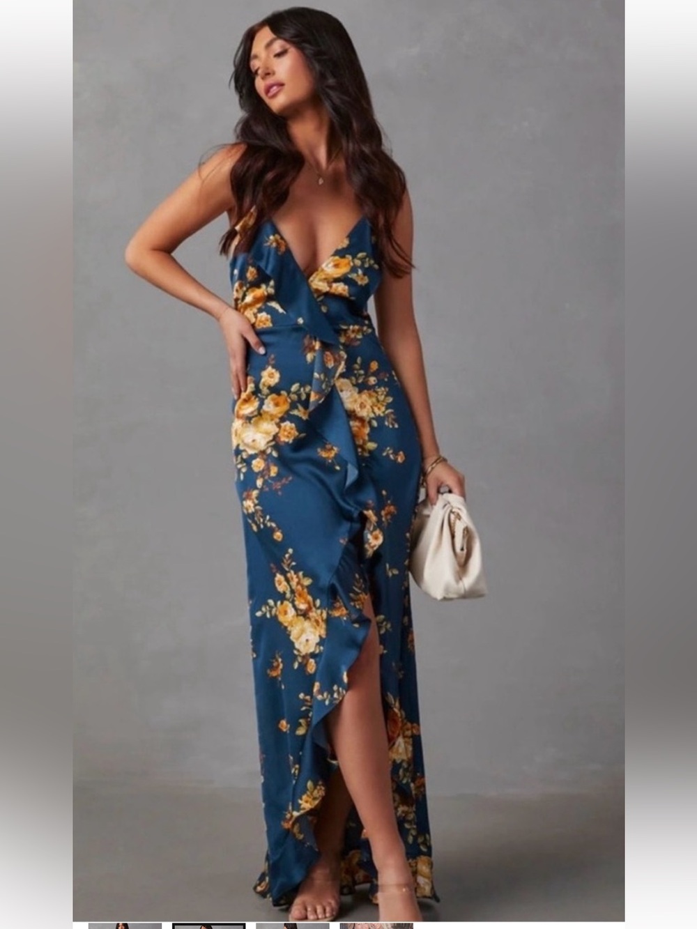 Vici Dolls Floral Satin Ruffle Halter Maxi Dress Navy Blue Flowing S Faux Wrap - Picture 4 of 16